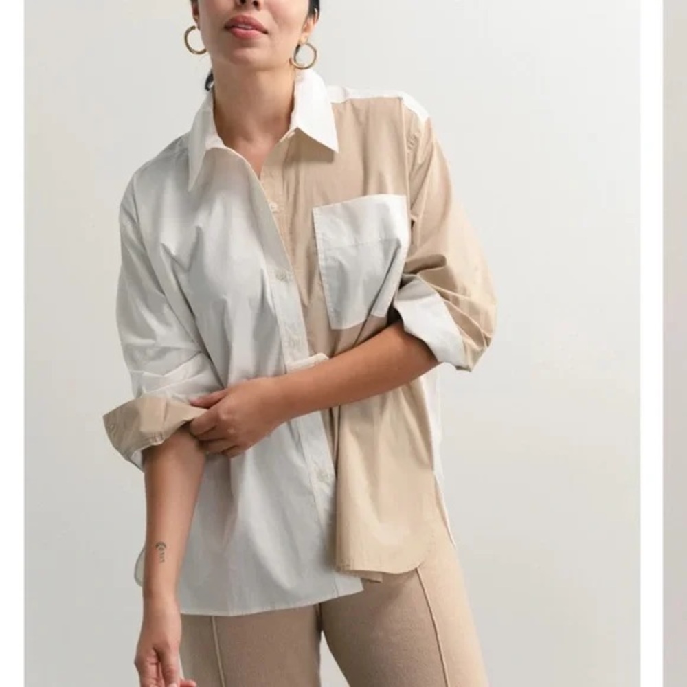Darling Cream and Tan Oversized Color Block Button Down Shirt—Size Small